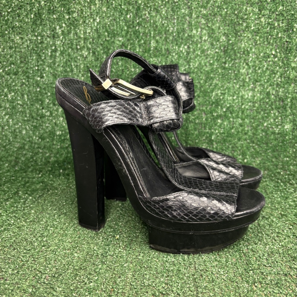 Brian Atwood Beaumont Snakeskin Platform Ankle Strap Sandals Black Womens Size 8